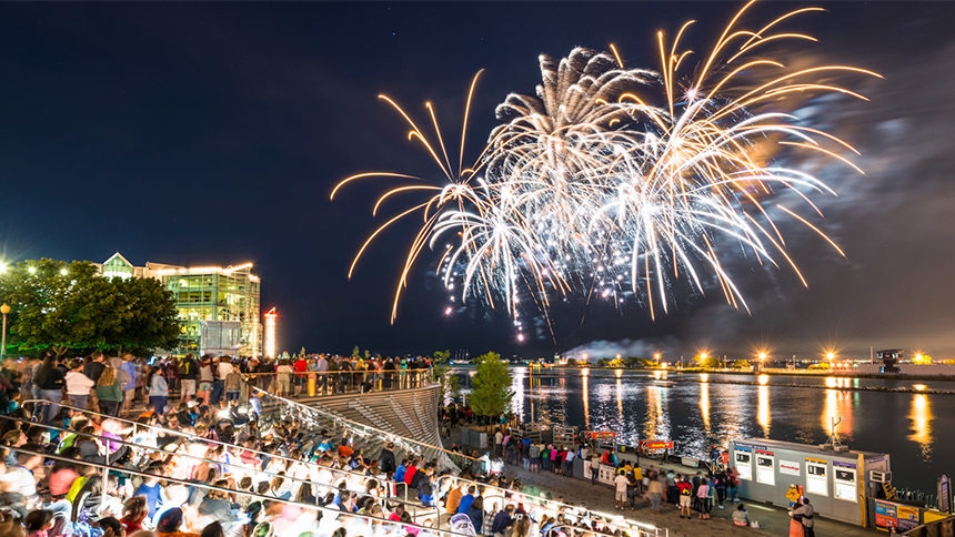 Yellow and white fireworks burst over a crowd at Navy Pier