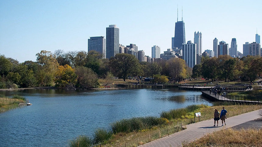 View of Lincoln Park South Pond in Chicago, Illinois.