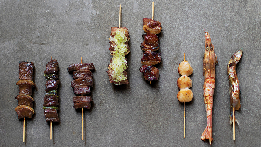 A lineup of meat and seafood kabobs at Nonono in NoMad, New York City