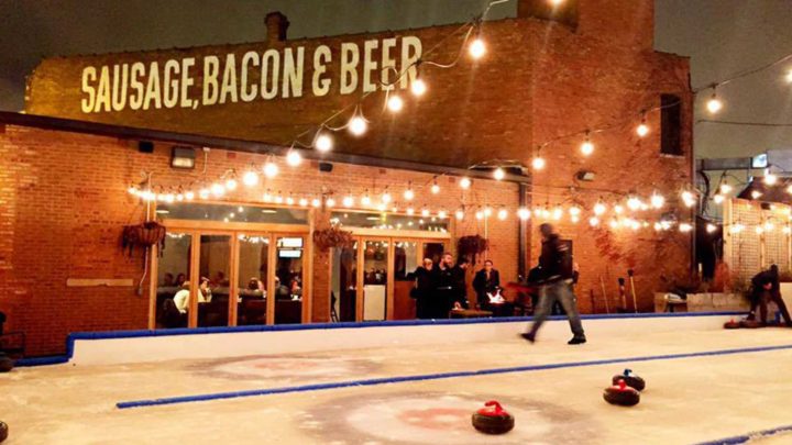 An outdoor ice curling scene at Kaiser Tiger in Chicago, Illinois