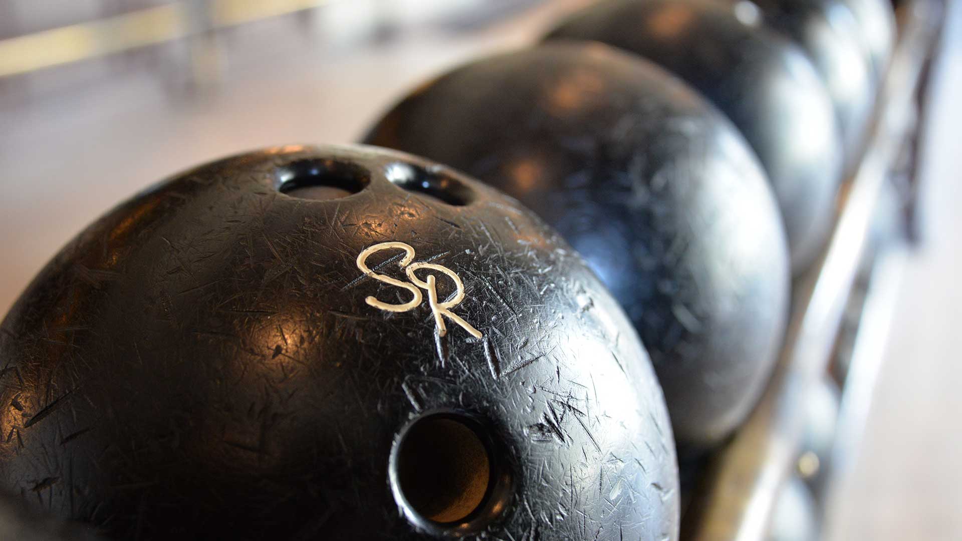 Bowling ball lineup in the Spare Room at the Hollywood Roosevelt in Hollywood